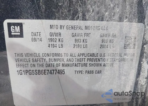 2014 Chevrolet Cruze Ltz из США, поврежденный, VIN 1G1PG5SB6E7477495